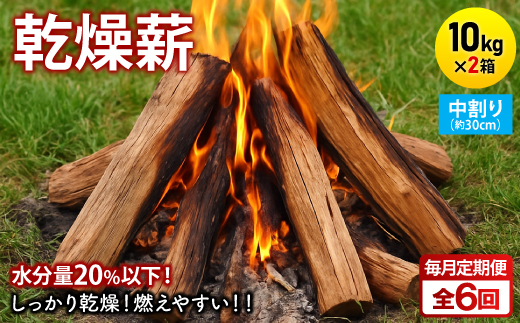 ＜毎月定期便＞乾燥薪 キャンプ用 10kg×2箱 中割(約30cm) 広葉樹ミックス全6回【4087717】