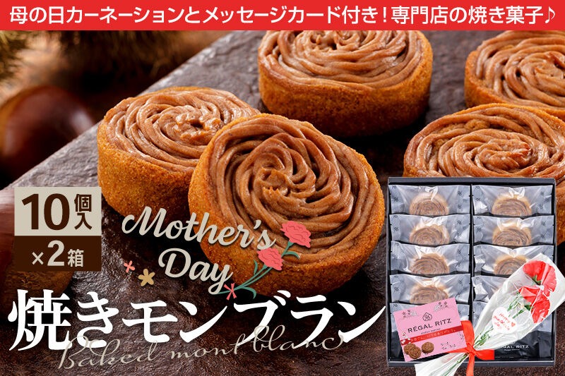 《母の日ギフトセット》レガールリッツ 焼きモンブラン 10個×2箱 紙袋付き・ギフト箱入り／造花カーネーション付き [REGAL RITZ マロンクリーム 常温 ケーキ タルト 焼き菓子 焼きモンブラン 焼モンブラン お取り寄せ スイーツ スウィーツ]|02_psk-042001aa