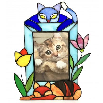 ふるさと納税 東村山市 ステンドグラスの写真立て　お昼寝のお邪魔?