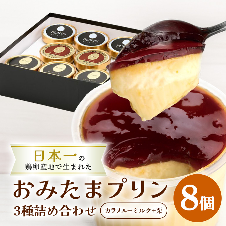 おみたまプリン3種詰合せ 8個入り カラメル＆ミルク＆栗 贈答用黒箱 8-V