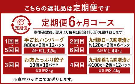 【6ヶ月連続定期便】 下八尻精肉店のお惣菜定期便 ハンバーグ 九州豚ロース味噌漬け 餃子 鶏もも味噌漬け 4種 約7.7kg