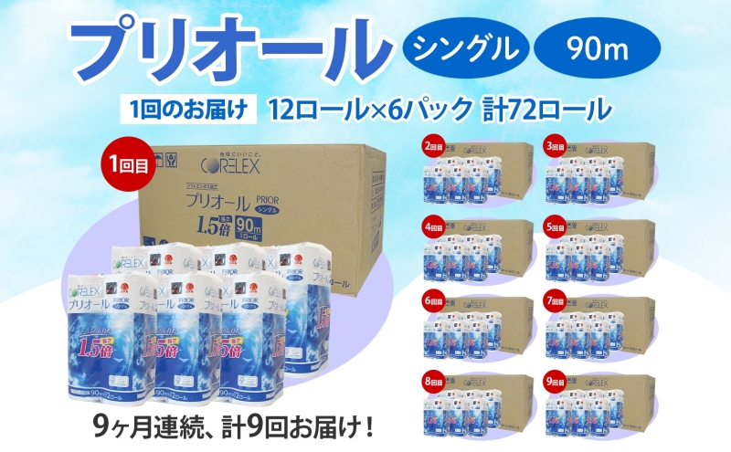 定期便 9ヵ月 連続 全9回 プリオール・ピコ トイレット ペーパー 1.5倍巻き シングル 90m 12ロール 6パック 日本製 まとめ買い リサイクル 防災 常備品 トイレ トイレットペーパー 消