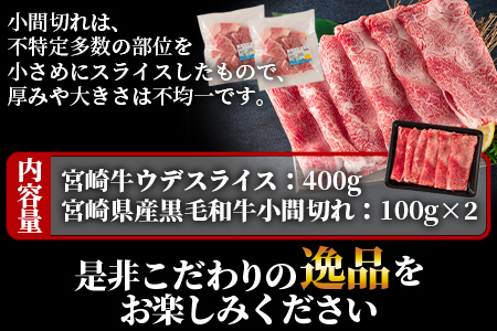 ＜宮崎牛ウデスライス400gと宮崎県産和牛小間切れ200g総量600g＞【数量限定】【MI142-my】【ミヤチク】