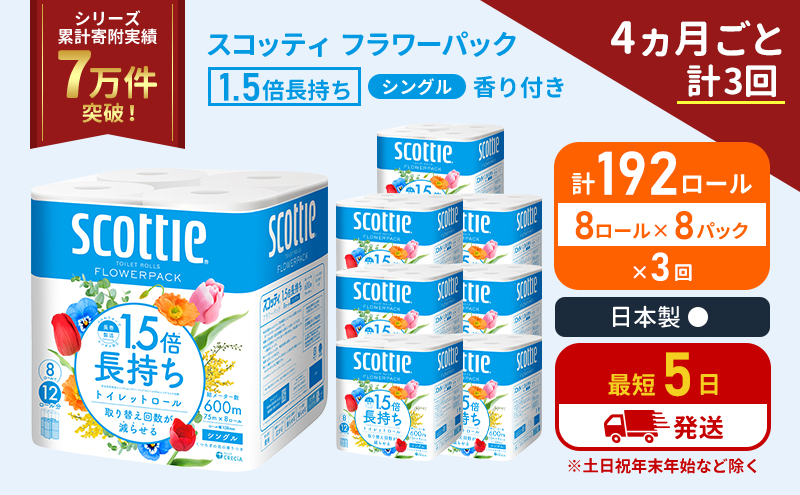 スコッティ フラワーパック 香り付き シングル 1.5倍長持ち 192ロール (8ロール×8パック)《4ヶ月ごと計3回》 定期便 トイレットペーパー
