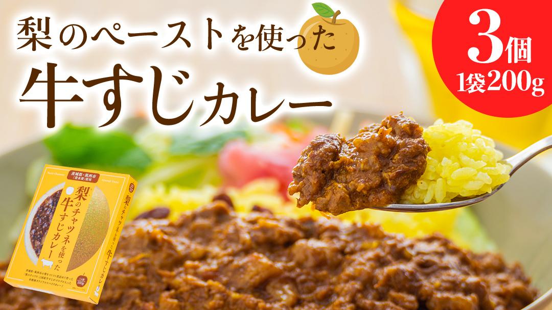 梨 の チャツネ（ペースト） を使った 牛すじ カレー 3個 セット レトルト 常温保存 備蓄 非常食 牛すじカレー コク 旨味 中辛 オリジナル グッズ 筑西市 限定 梨 なしカレー [DS002ci]