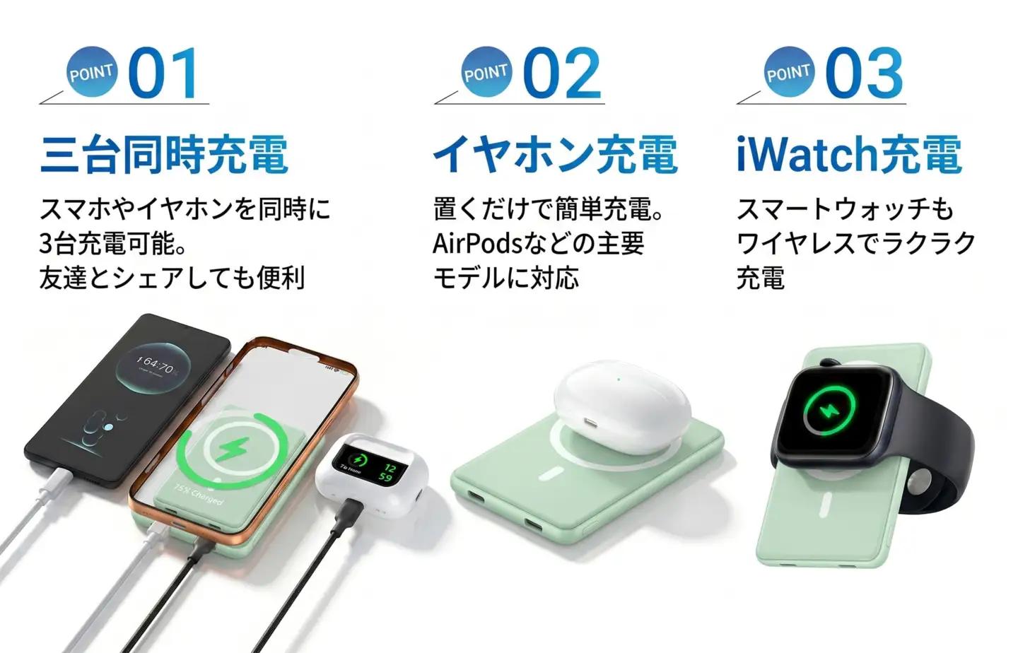 WY01 マグネット式  モバイルバッテリー(ライトグリーン)
