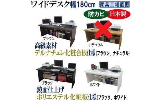 
                  ワイドデスク 幅180cm ※デスク単品【全3色 ブラウン・ブラック・ホワイト】
                