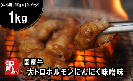 【 訳あり 】 国産牛 大トロホルモン にんにく味噌味 1kg ： 100g×10 小分け パック ニンニク ガーリック 味噌味 ホルモン 焼き 焼肉 味付 小分け 冷凍 味噌だれ 不揃い 焼き肉 炒め物 国産 牛 肉 京都府 舞鶴市 幸福亭