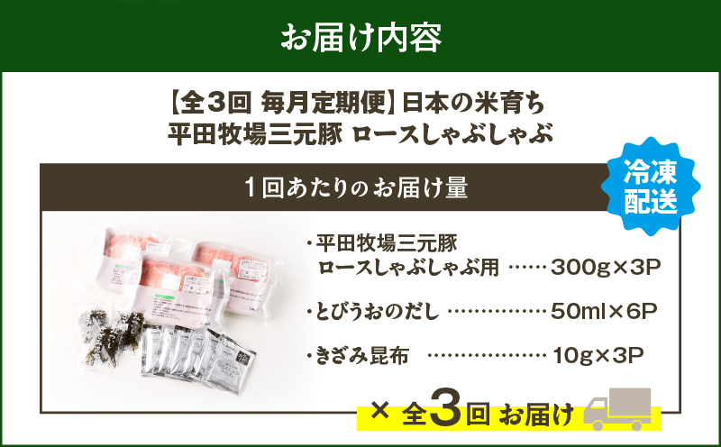 【全3回 毎月定期便】日本の米育ち平田牧場 三元豚ロースしゃぶしゃぶ　T036-T01-01