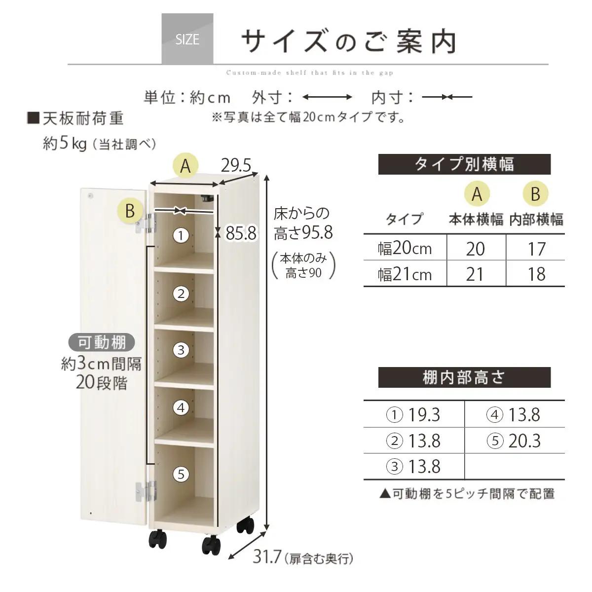 【国産家具】オーダーすき間ラック〔幅20cm・キャスター・扉付き・ロータイプ〕（ホワイト）すき間ラック 収納棚 約 奥行32 高さ96 扉付き キャスター付き スリム 木製 5段 ABE400106-