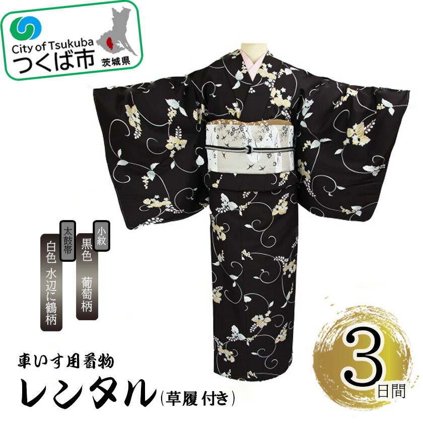 【ふるさと納税】車いす用着物レンタル3日間＜小紋:黒色 葡萄柄 太鼓帯:白色 水辺に鶴柄(草履付き)＞ | 茨城県 つくば市 キモノ 帯 セット レンタルサービス 車椅子 成人式 卒業式 七五三 婚礼 1044623