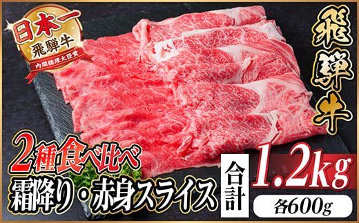 飛騨牛 霜降・赤身スライス食べ比べセット計1.2kg(各600g) 　すき焼き・しゃぶしゃぶ用_飛騨牛 黒毛和牛 霜降り 赤身 スライス 食べ比べ すき焼き しゃぶしゃぶ 牛肉 和牛 精肉 肉 旨み おすすめ お取り寄せ グルメ 岐阜県 送料無料【1559702】