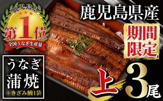 【期間限定企画！】無投薬！鹿児島県産うなぎ蒲焼セット＜上＞(合計470g以上・ 140g以上×3尾+きざみ鰻50g) タレ・山椒付き 鰻 ウナギ 国産【西日本養鰻】A510