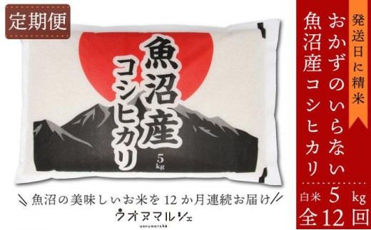 【令和8年産新米予約】【お米定期便/全１２回】 おかずのいらない 魚沼産コシヒカリ　白米５ｋｇ【定期便 銘柄米 ブランド米 精米 こしひかり コシヒカリ 魚沼産 新潟米 産地直送 お米 米】【2026年9月下旬より1ヶ月以内に順次発送予定】