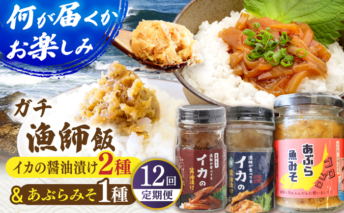 
            【12回定期便】【何が届くかお楽しみ！】イカの醤油漬け2種＆あぶらみそ1種 ランダムで３瓶お届け！平戸市/康貴丸水産 [KAB311]
          