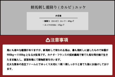 鮮馬刺し 霜降り （カルビ） ユッケ 7パック 計280g  冷凍 馬刺し 世界的衛生基準SQF認証取得 真空パック 霜降り 霜降りカルビ 馬刺し 馬刺 バサシ 馬 馬肉 お肉 肉 ユッケ タレ お手