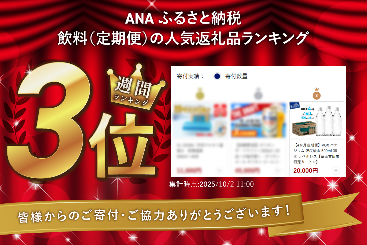 【4か月定期便】VOX バナジウム 強炭酸水 500ml 35本 ラベルレス【富士吉田市限定カートン】