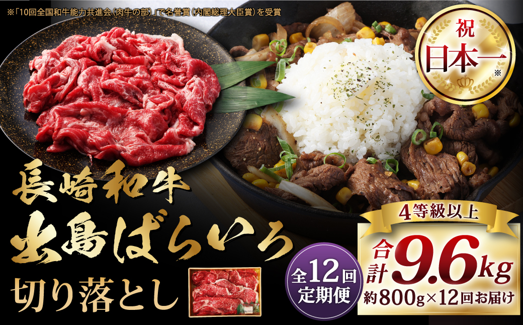 【全12回定期便】長崎和牛 出島ばらいろ 切り落とし (モモ、バラ、カタのいずれか ) 400g×2 合計 9.6kg ／ 和牛 国産 お肉 肉 切落し 4等級以上 肉のマルシン 長崎県 長崎市