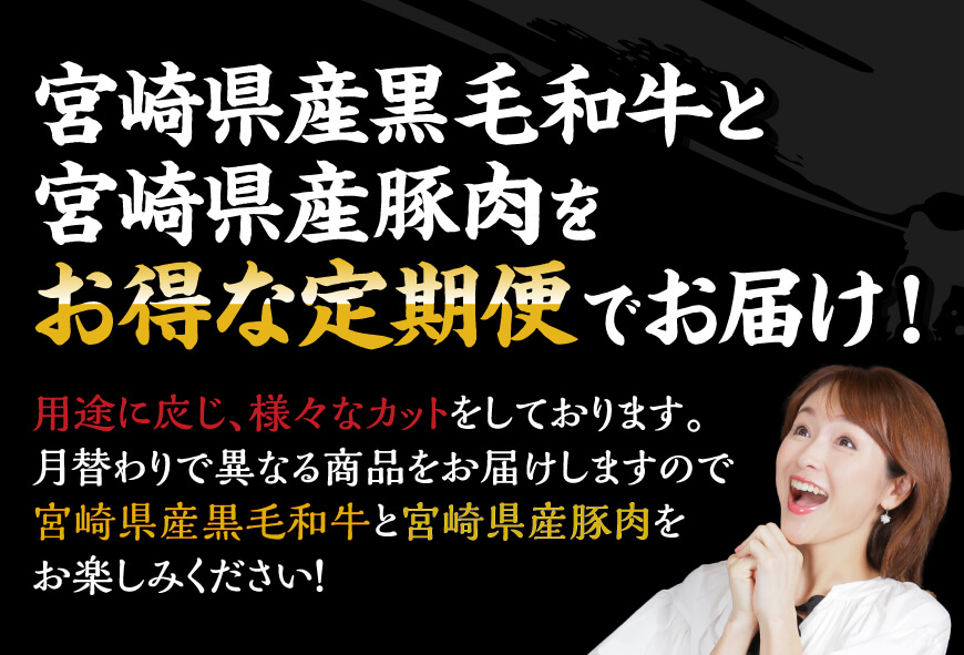 【訳あり定期便】宮崎和牛と宮崎県産豚肉6ヶ月定期便 【 ロースステーキ ロースしゃぶしゃぶ ウデスライス 小間切れ ウデ焼肉 牛肉 黒毛和牛 豚肉 ミヤチク 全6回 】