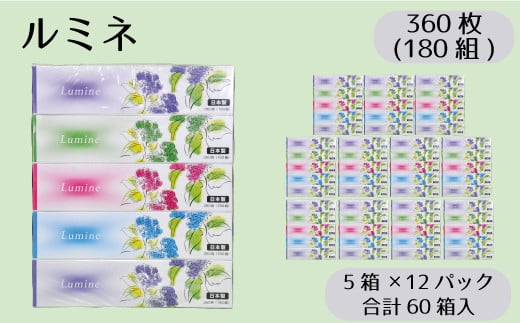 【通常発送】 ティッシュ ボックスティッシュ 60箱 180組 5個 ×12パック ルミネ やわらか 高品質 ティッシュペーパー バラ 花柄 デザインボックス 日用品 備蓄 防災 送料無料 愛媛県 【四国中央市 紙のまち】
