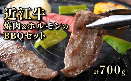 近江牛焼肉とホルモン 旨味タレ付けミックスセット2〜3人分（BBQセット）計700g《近江牛A5ランクメス牛一頭買い みのや》