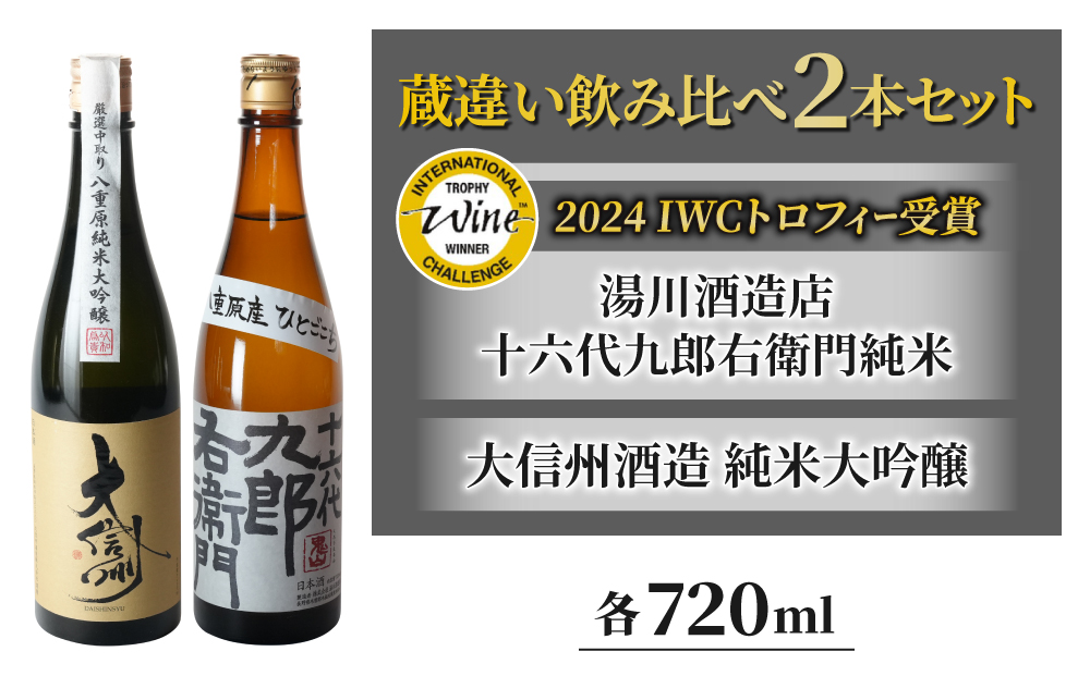 日本酒 蔵違い飲み比べ 2本セット(大信州酒造 純米大吟醸 ・湯川酒造店 十六代九郎右衛門純米 (IWCトロフィー受賞) 720ml ひとごこち 地酒 日本酒 お酒 ギフト プレゼント 信州 長野県