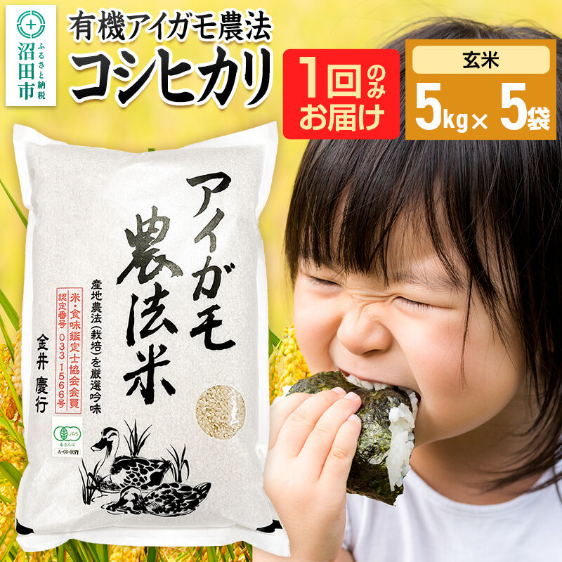 【玄米】令和7年産 有機アイガモ農法コシヒカリ 25kg（5kg×5袋）金井農園 [こしひかり コシヒカリ 玄米 お米 1回だけ 1回のみ]
