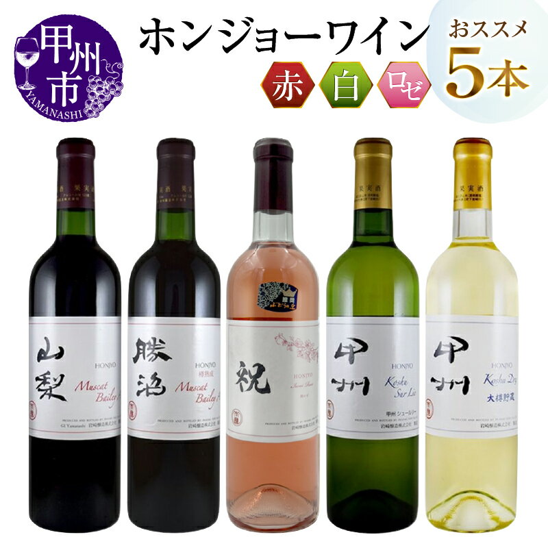 【ふるさと納税】 ワイン ホンジョーワイン 飲み比べ 5本 セット 酒 日本 赤ワイン 白ワイン ミディアムボディ ライトボディ ロゼ 辛口 岩崎醸造 勝沼 マスカットベリーA カベルネソーヴィニヨン ブレンド 山梨県 母の日 父の日 記念日 ギフト 甲州市 （MG） 【D-682】