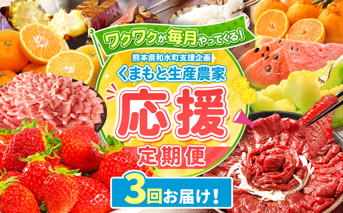 
            【 定期便 3回 】支援 企画 ！ くまもと 生産 農家 応援 定期便 ！ | 熊本県 熊本 くまもと 和水町 なごみ町 なごみ いちご スイカ 小玉 牛肉 あか牛 赤牛 肥後 ステーキ みかん ミカン 蜜柑 定期便
          