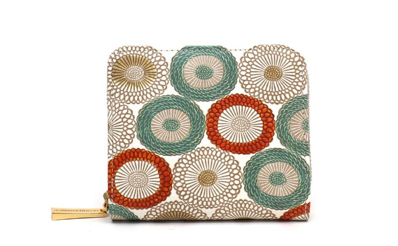 【文庫屋大関】二つ折りファスナーミニ財布 笠菊＜若草＞【皮革工芸品】財布 二つ折り 小物 お札 カード 小銭 コンパクト 牛革 手作り 日本製 墨田区 東京都