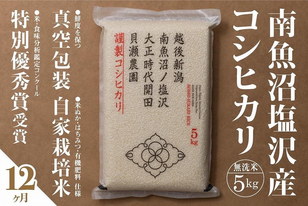 
            【定期便】「貝瀬農園米」農薬5割減栽培　南魚沼塩沢産コシヒカリ　無洗米5kg×全12回
          