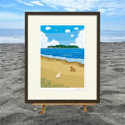 ふるさと納税 茅ヶ崎市 湘南・茅ヶ崎で描く、海を感じるイラストアート『ジークレーアートフレーム　SL-14』(大:四つ切)