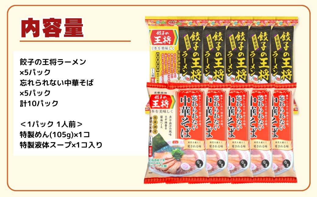 【餃子の王将】公式餃子の王将ラーメン本格生麺 取り寄せ2つの味が楽しめる10パックセット（醤油豚骨 5パック、忘れられない中華そば 5パック）