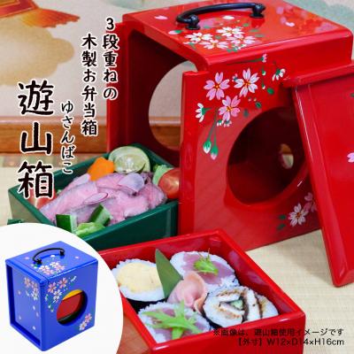 ふるさと納税 徳島市 【昔なつかし】3段重ねの木製お弁当箱「遊山箱」(桜柄・青色)【DK008VC02】