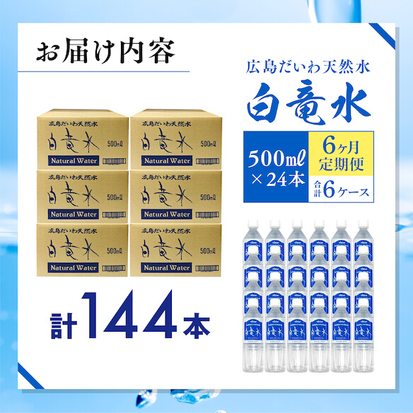 Ｇ７広島サミット2023で提供 【6カ月定期便】広島だいわ天然水 白竜水 500ml×24本 三原 田治米鉱泉所 ミネラル まろやか G7 広島 サミット　035016