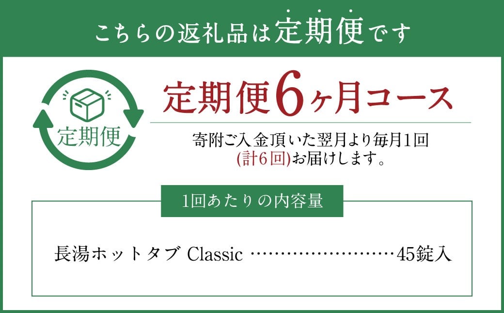 【6ヵ月定期便】 【薬用 入浴剤】 長湯ホットタブ Classic 45錠入（1袋）×6回 計270錠