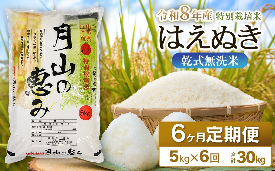 
                  【令和8年産先行予約】 6ヶ月定期便 特別栽培米 はえぬき 乾式無洗米 5kg (5kg×1袋) ×6回　毎月1回中旬発送　山形県鶴岡市産　米工房月山
                