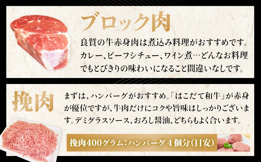 はこだて和牛 ひき肉 ブロック肉 各400g 計800g セット 和牛 あか牛 牛肉 お肉 ビーフ 赤身 ネック スネ ウデ 国産 ハンバーグ カレー シチュー 冷凍 お取り寄せ ギフト ご当地 グル