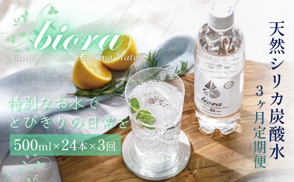 
biora天然シリカ炭酸水 500ml×24本×3回 炭酸水 シリカ ミネラル 美容 飲料水 軟水 天然水 大分県 玖珠町 健康 九州 採水 防災 備蓄 定期便 500ml 72mg/l 硬度43.1 健康志向 酸素 吸収 継続 サプリメント
