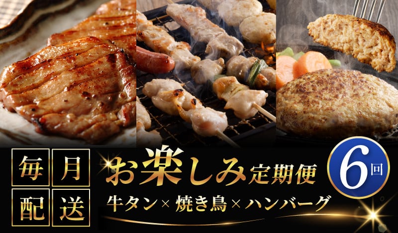 
            桜文 お楽しみ 定期便 全6回（牛タン／焼き鳥／黒毛和牛入り BIGハンバーグ）【毎月配送コース 個包装 人気 はんばーぐ 焼き鳥 牛たん 小分け 惣菜 冷凍 数量限定】
          