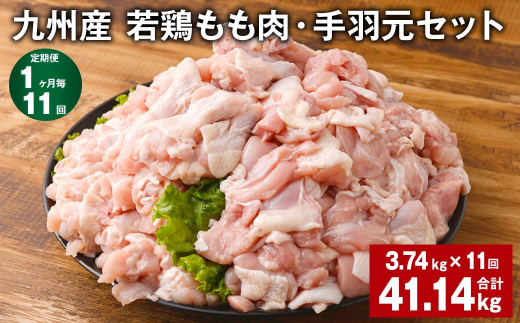 【1ヶ月毎11回定期便】 九州産 若鶏もも肉・手羽元セット 計約41.14kg（約3.74kg×11回） 鶏肉 もも肉 手羽元【お申込み翌月から出荷】