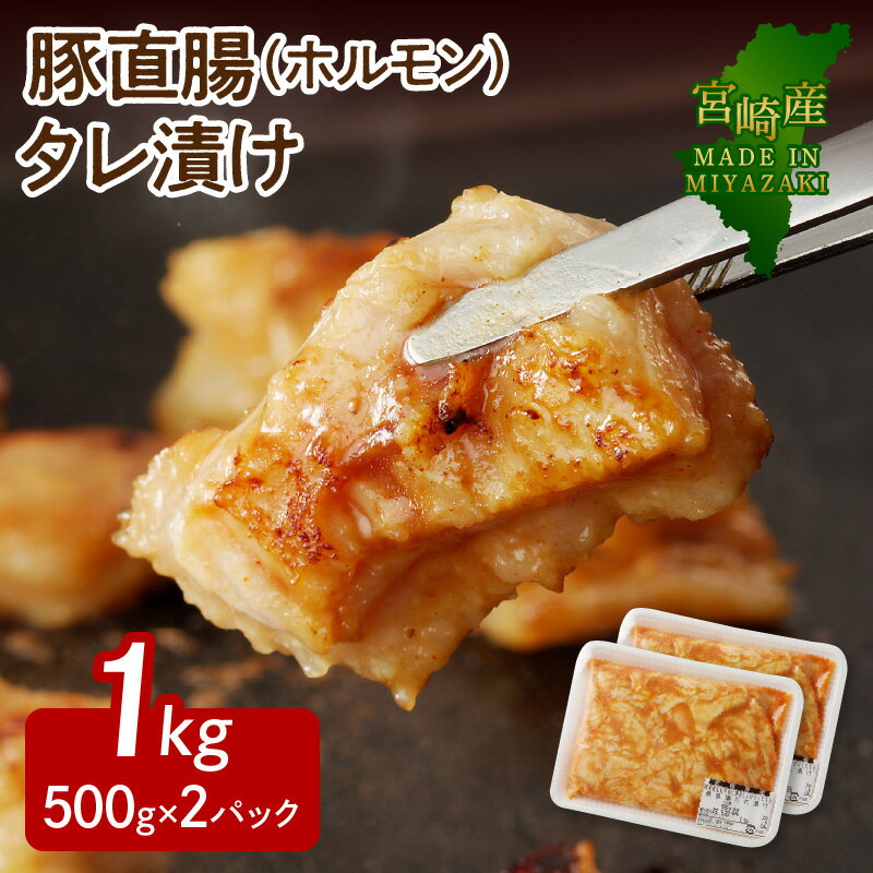 【ふるさと納税】豚 ホルモン タレ漬け 500g×2パック 計1kg 肉厚 美味しい 直腸 甘め 味噌ダレ 豚肉 こだわりのたれ 味付き 焼くだけ 簡単 ジューシー 旨み 真空パック 小分け 焼き肉 ごはん ごちそうおかず おつまみ お取り寄せ グルメ 宮崎県 延岡市 送料無料