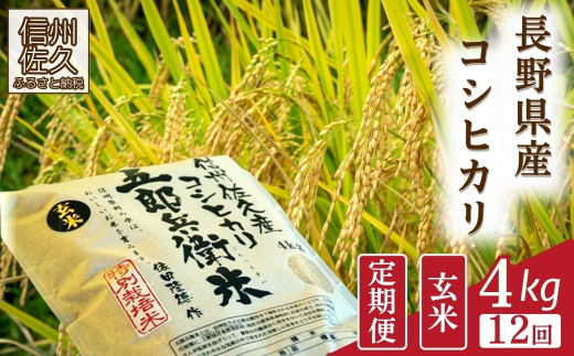 【令和8年産・玄米4kg×12カ月定期便】特別栽培米　五郎兵衛米 〈2026年10月中旬頃～順次発送〉 先行予約　新米　信州　こしひかり【 米 コメ 玄米 お米 こめ おこめ 予約 備蓄品 コシヒカリ 長野県 佐久市 】