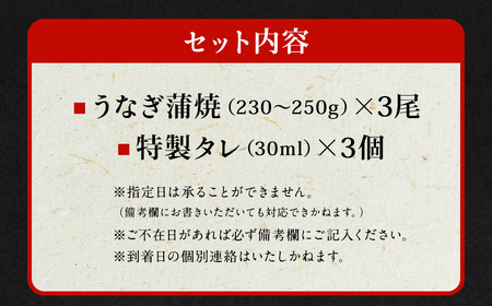 国産 うなぎ 蒲焼 3尾 （690g～750g）と 特製タレ 3個 セット