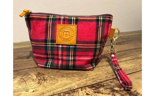 【播州織】コットンリネンチェック ストラップ付きポーチ【赤チェック】 mulberry fabric （13-33）