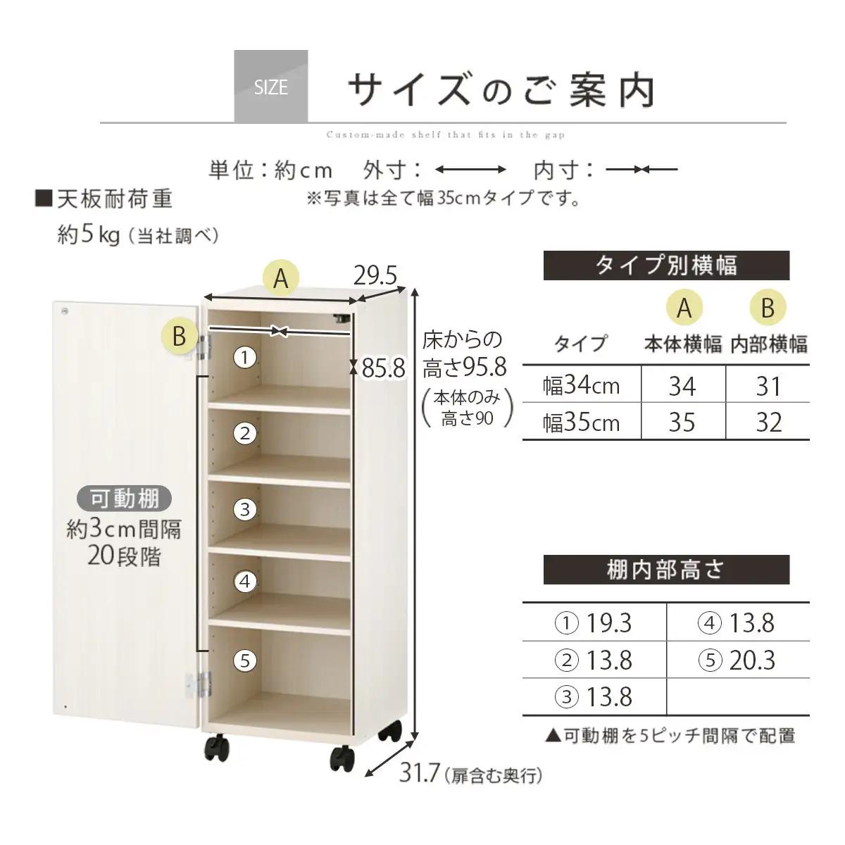 【国産家具】オーダーすき間ラック〔幅34cm・キャスター・扉付き・ロータイプ〕（ホワイト）すき間ラック 収納棚 約 奥行32 高さ96 扉付き キャスター付き スリム 薄型 木製 扉付 5段 ABE4