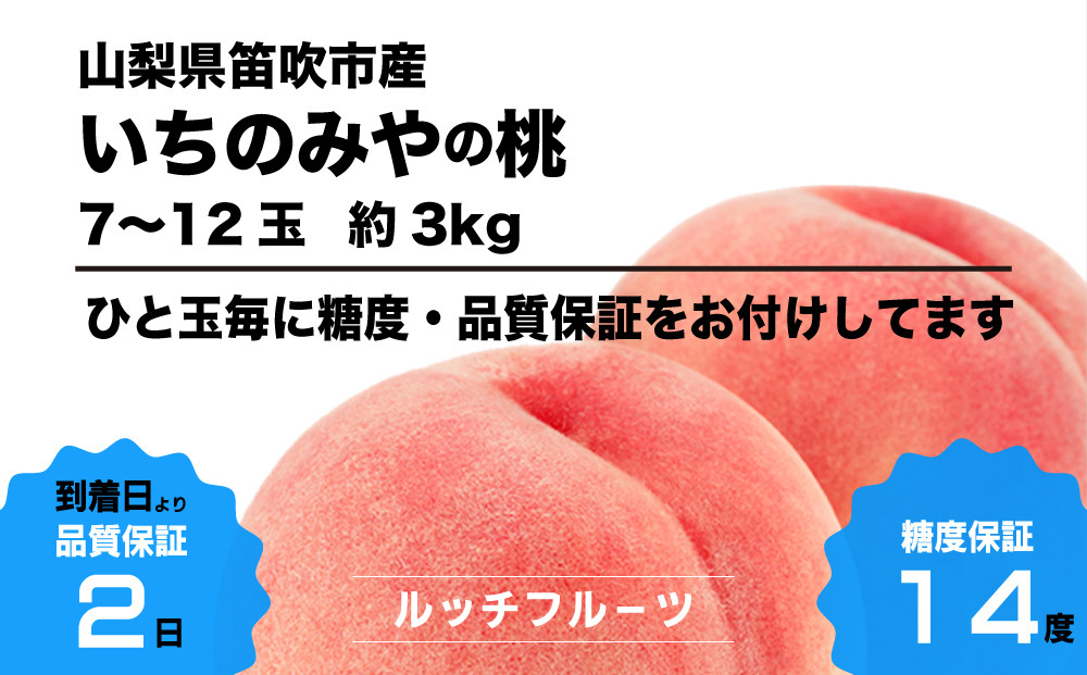 
            【全玉糖度14度保証付】一宮の桃 7〜12玉 約3kg【2025年発送】＜数量限定＞旬の美味しいフルーツだけをお届けします【ルッチ Rucci】産地直送 山梨県 笛吹市 糖度 品質 保証 ジューシー 桃 もも ピーチ 新鮮 旬 くだもの 果物 フルーツ 人気 ランキング リピート 高評価 ギフト 贈答 贈り物 2025年 令和7年 先行予約 期間限定 104-037
          