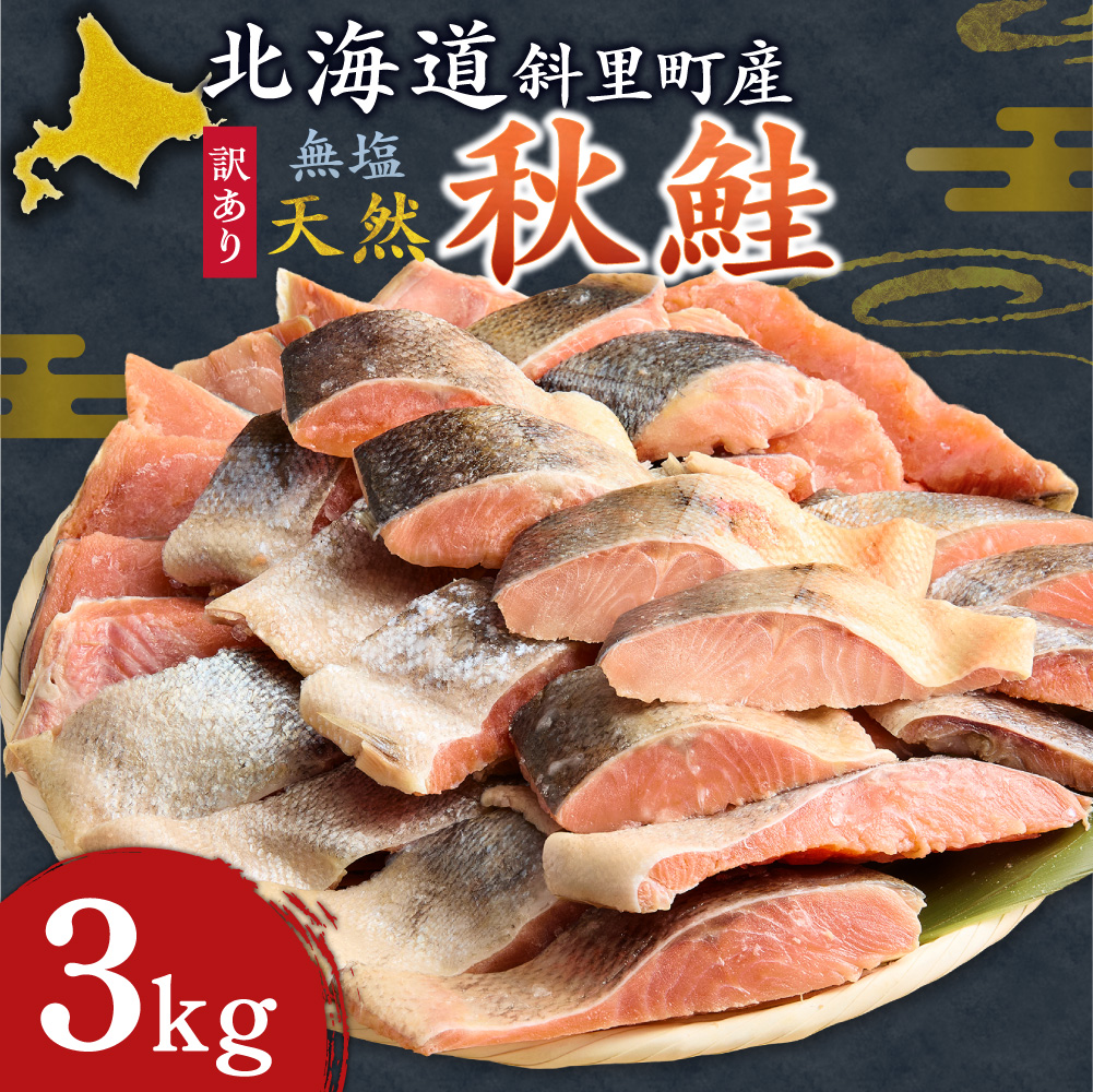 【訳あり】北海道斜里町産　無塩天然秋鮭切身 3kg【無添加】_ss01-002
