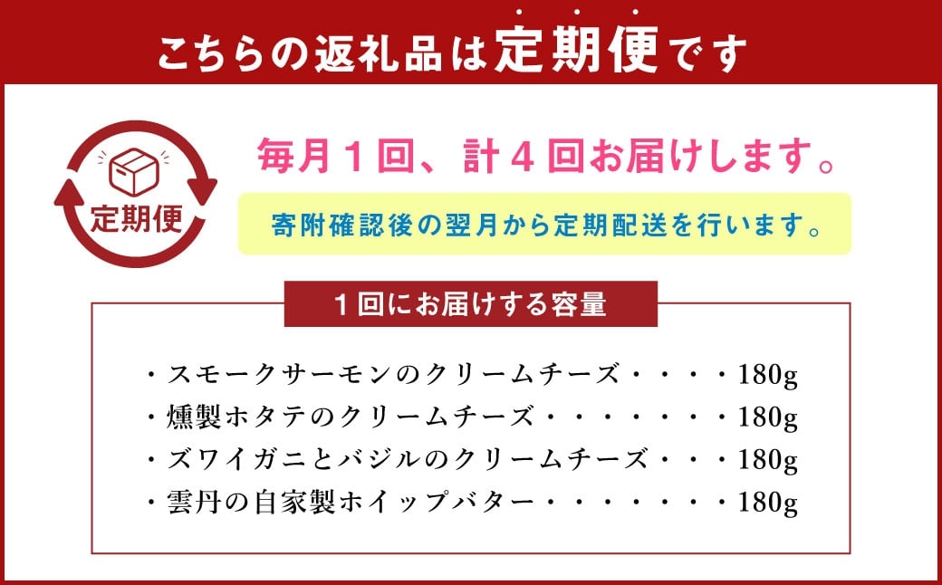 【4回定期便】YUKIAKARI特製小樽の海鮮クリームチーズセット4種詰め合わせ 各180g 計720g
