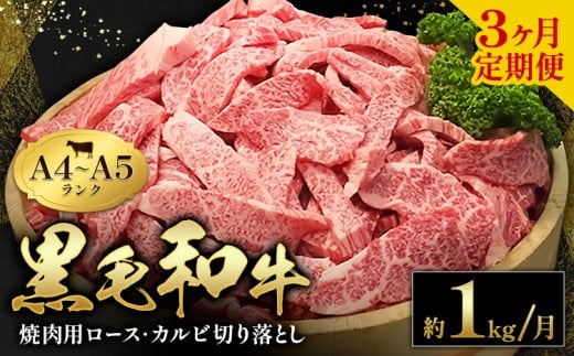 黒毛和牛 焼肉 ロース カルビ 切り落とし 1kg A4 ～ A5 ランク 3ヶ月定期便 《お申し込み月の翌月から出荷開始》ランプ ミスジ イチボ 特上 ミシュラン 国産 肉 牛肉 黒牛 天草 苓北 熊本 産地直送 送料無料 田中畜産
